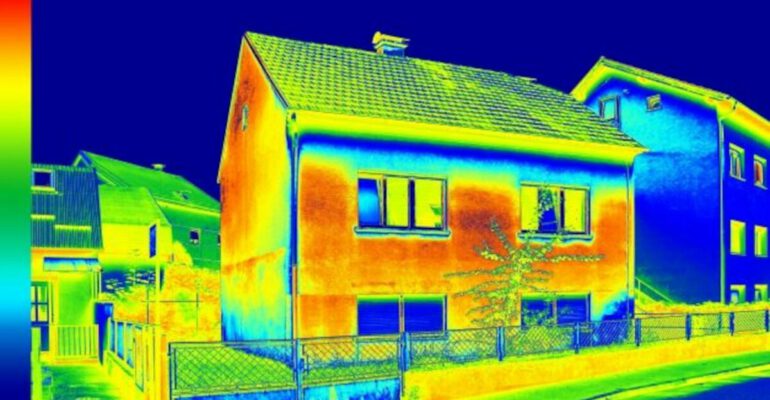 Die Thermografie zeigt auf, wo am Haus zu viel Wärme nach außen entweicht und ob am Dach, an den Fenstern, Türen oder an der Gebäudehülle Dämmungsmaßnahmen notwendig werden. Warme Stellen werden Rot dargestellt, kühlere Stellen in der Farbe Blau. Mittlere Temperaturen erscheinen in Gelb und Grün. Foto: MVV